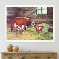 עיצוב 'עגלים תאומים שזה עתה נולדו עם פרה בחווה' הדפס אמנות ממוסגר בחווה
