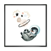 עיצוב אמנות 'פינגווין קטן עם כוכבי לכת וכוכבים אני' בית חווה ממוסגר בד קיר אמנות הדפסה
