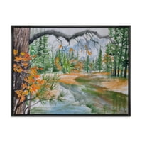 'עצים עם נהר בסתיו יער' אגם בית ממוסגר בד קיר אמנות הדפסה