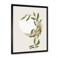 עיצוב 'ירח מופשט ושמש עם עלה ירוק III' הדפס אמנות מודרני ממוסגר