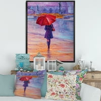 ילדה הליכה עם אדום מטרייה תחת גשם ממוסגר ציור בד אמנות הדפסה
