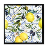 עיצוב אמנות 'דפוס גיאומטרי של קישוט לימון על כחול שלישי' הדפס אמנות טרופי ממוסגר